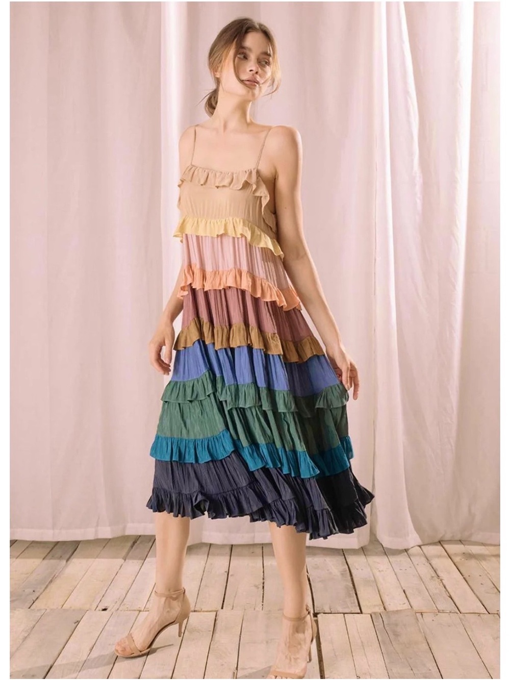 Judith March-Multi-Color Tiered Ruffle Dress - spaghetti straps- rainbow